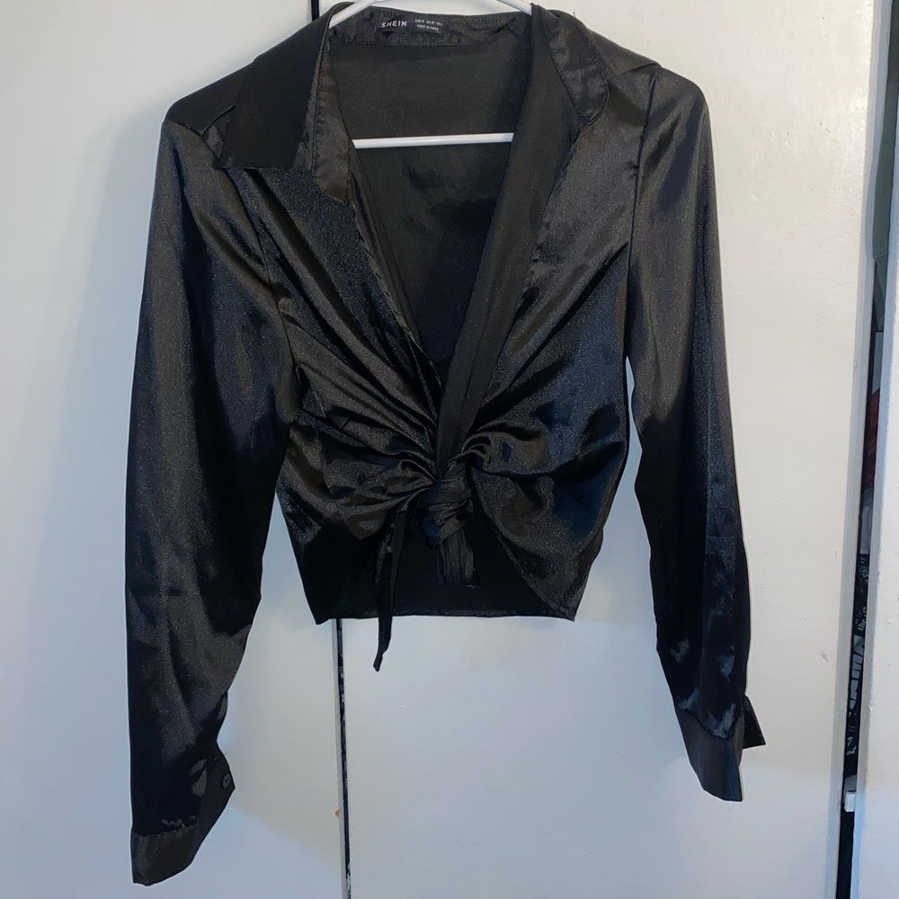 Shein Long Sleeve Self Tie Knot Front Satin Crop Top - Picture 3 of 9